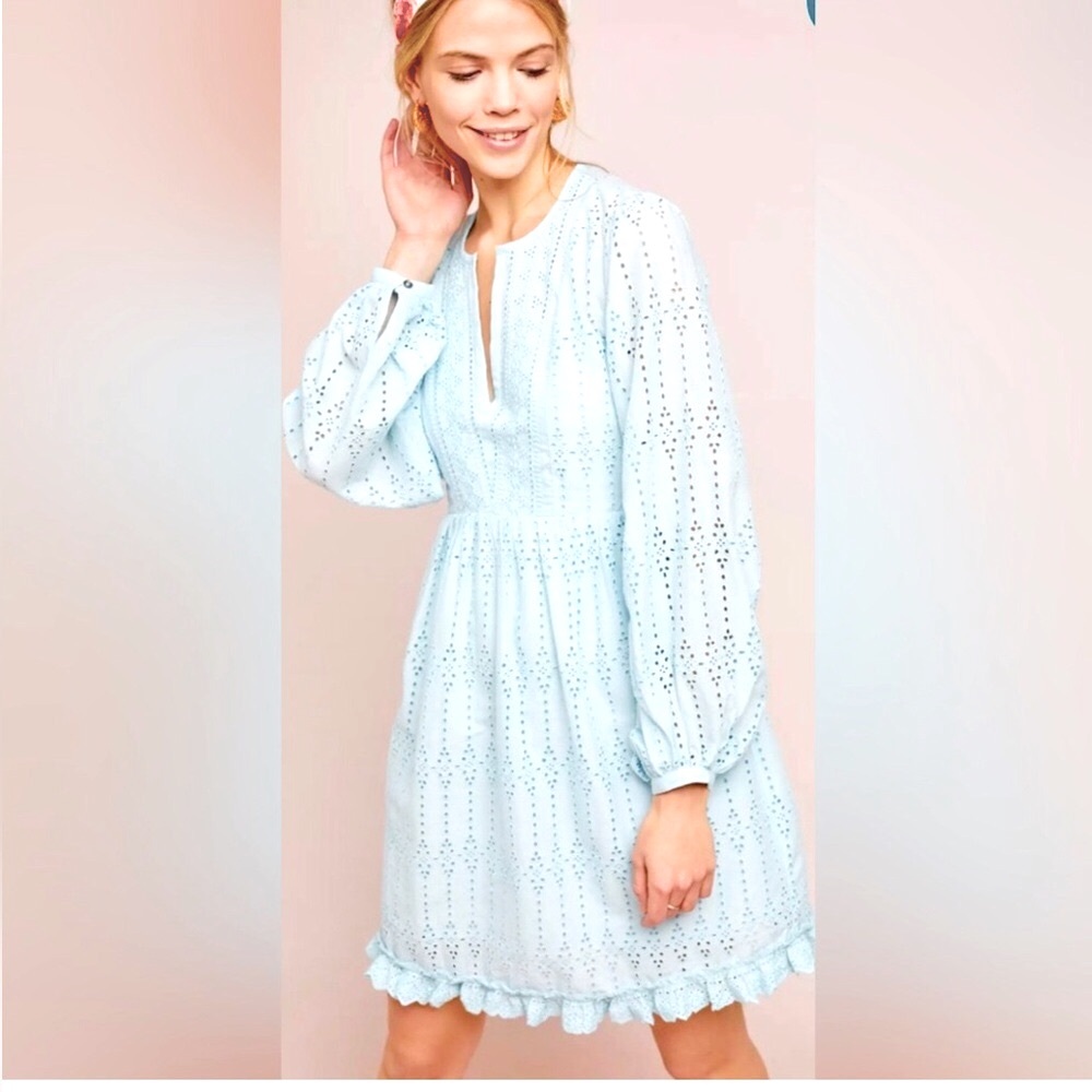 Anthropologie light Blue Eyelet Babydoll Dress Long sleeve